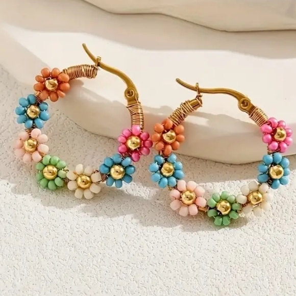 Floral Hoop Earrings with Multicolor Beads - Picture 1 of 1